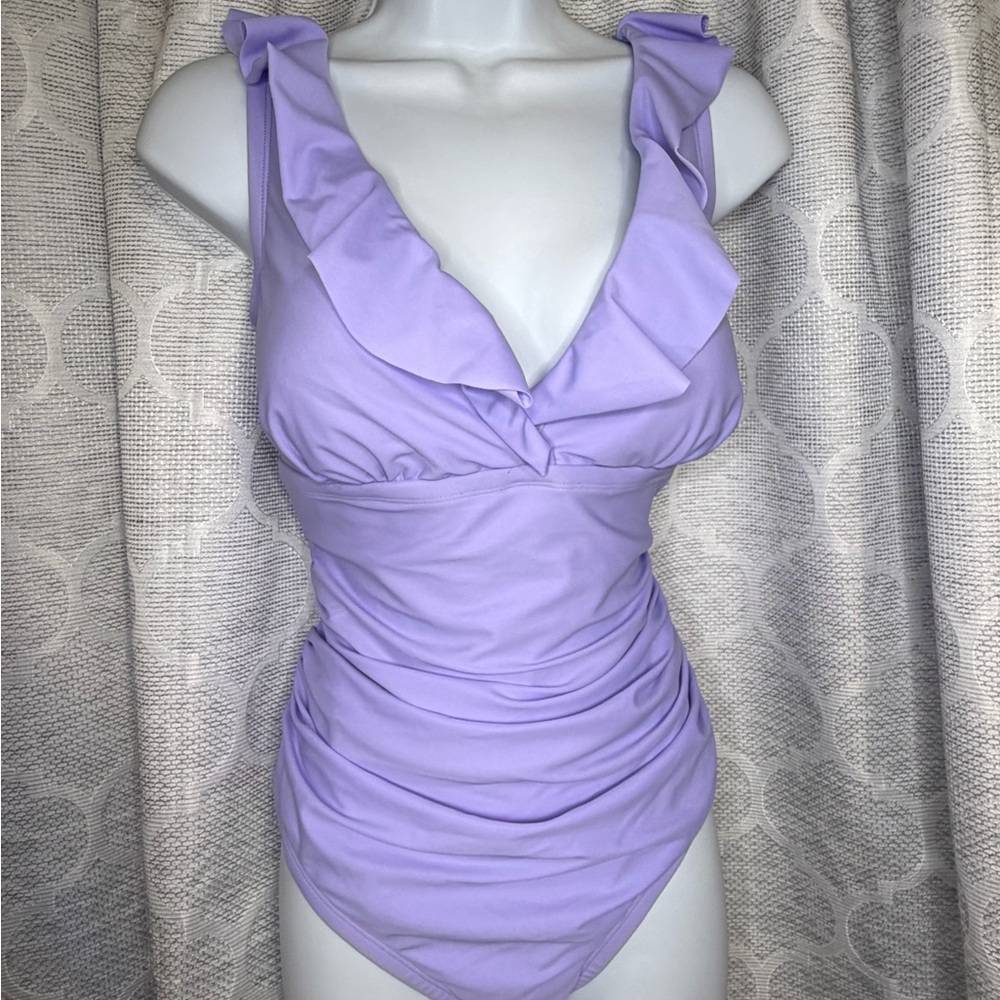 Sold ❌❌❌Shade & Shore Lavender One Piece Swimsuit Ruffle V Neck Ruched Size 14